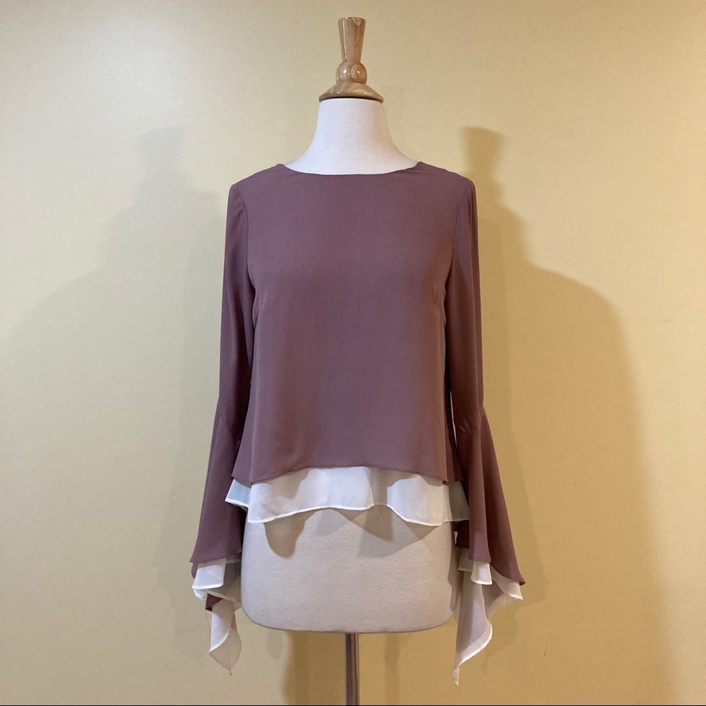 Crochet Lace Back Bell Sleeves Rose Chiffon Blouse - Picture 5 of 8